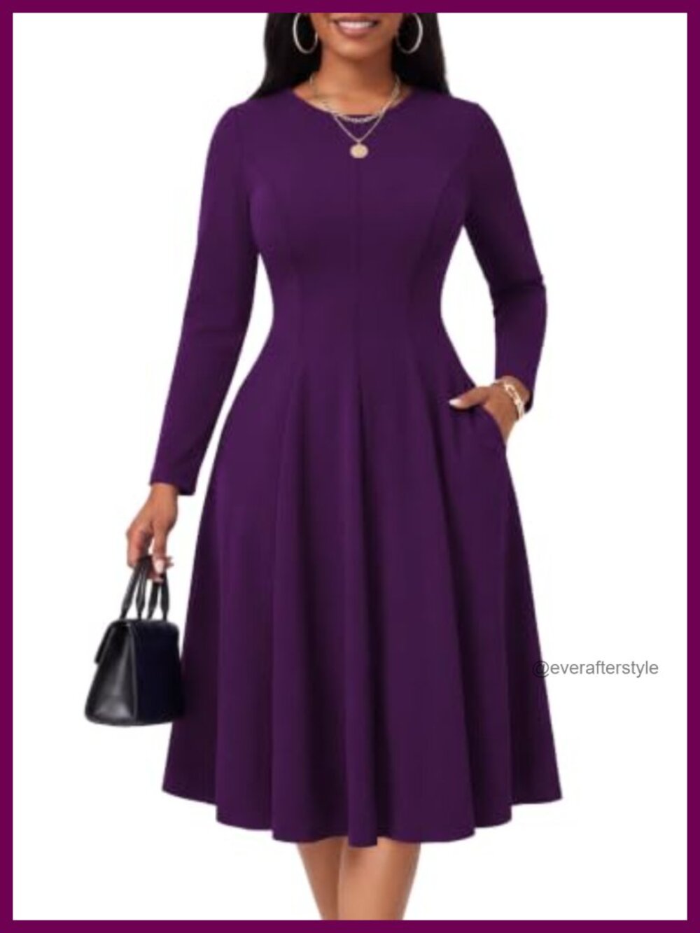 Semi-Formal Midi Dress Long Sleeve A-Line Church Work Dress with Pockets